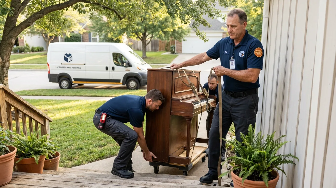Licensed piano movers securing grand piano in Gibbon, NE
