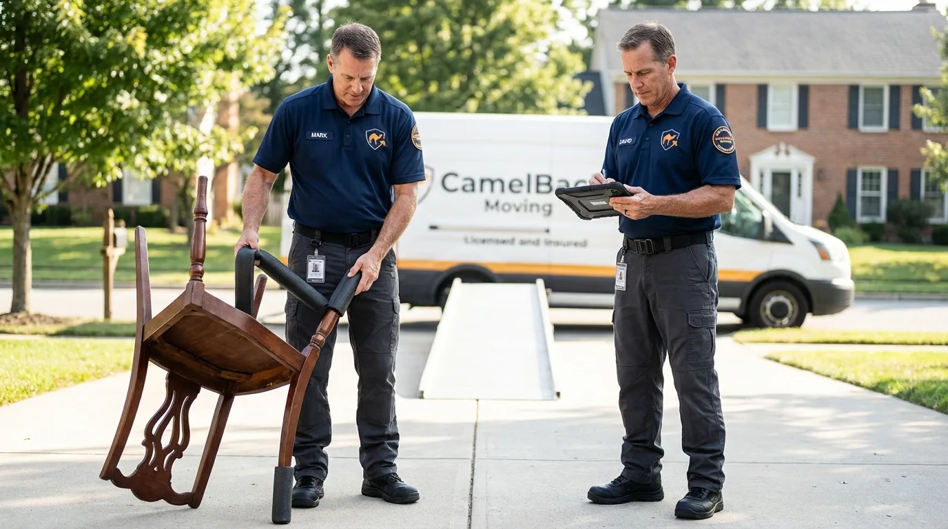 Movers inspecting furniture for damage prevention before loading in Gibbon, NE